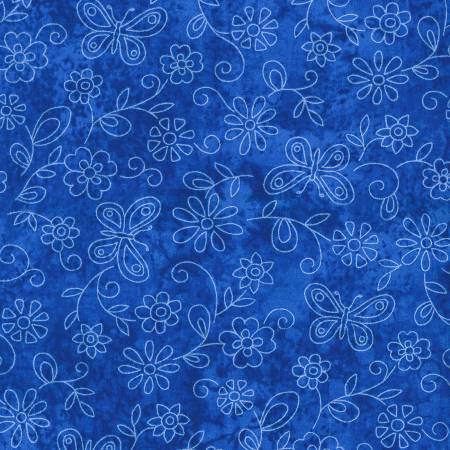 Sundrenched-Blue W/White Flowers & Butterflies- Studio Cottons by Fabric Traditions- Fabric Off the Bolt