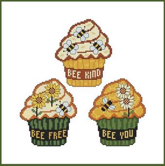 Sunflower N' Bee Cupcakes Trio - Cross Stitch Wonders