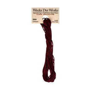 Crimson #3860 by Weeks Dye Works- 5 yds Hand-Dyed, 6 Strand 100% Cotton Cross Stitch Embroidery Floss