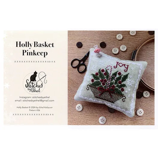 Holly Basket Pinkeep - Stitches by Ethel